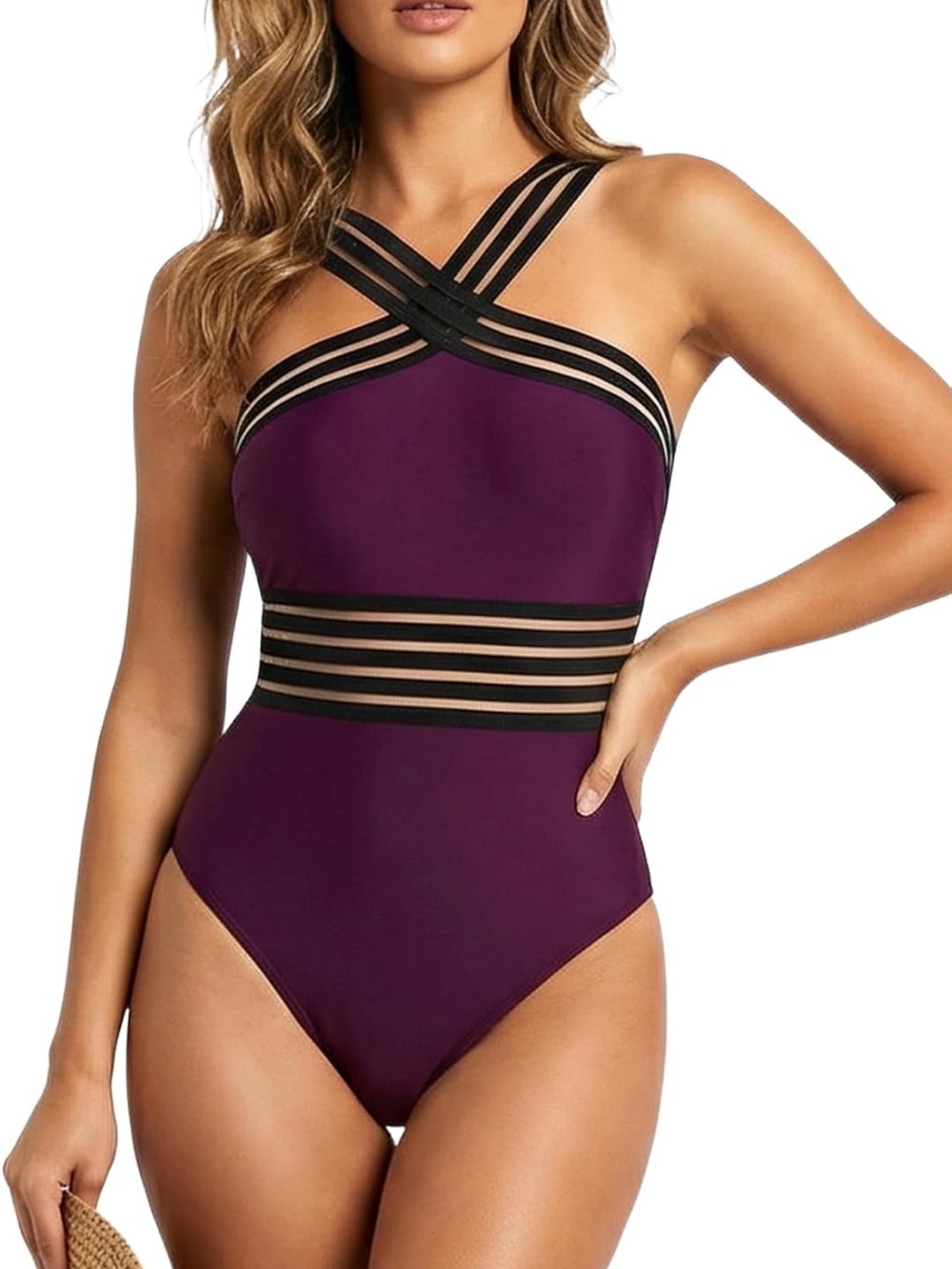 Strappy Plum One-Piece Swimsuit with Sheer Banding